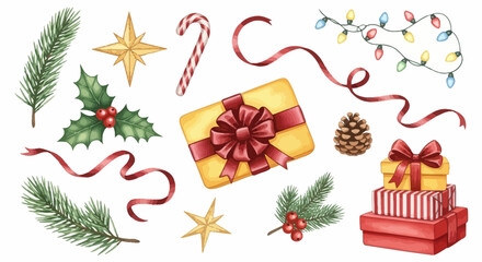 Set of Festive Christmas Watercolor Illustrations Featuring Gifts Pine Branches and Decorative Holiday Elements