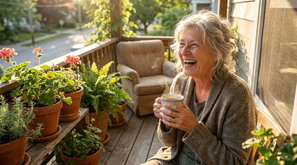 Fototapeta premium Happy senior woman drinking coffee on balcony.
