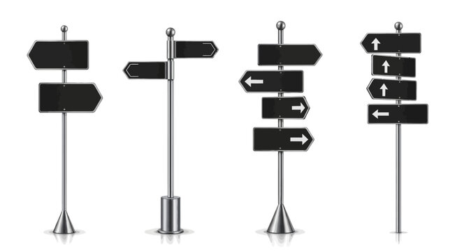 Set of four realistic black directional signposts with blank arrows on silver metal poles isolated on a white background for navigation concepts
