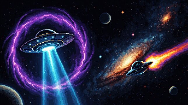 Pixel art spaceship abducts person with tractor beam near galaxy and planet. Another alien craft flies past burning cosmic nebula. Extraterrestrial encounter in deep space.