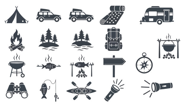 Camping and outdoor recreation icons set featuring tent campfire backpack compass travel trailer kayak and hiking equipment vector illustration