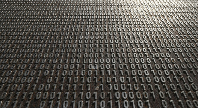 Vast, receding digital landscape formed by repeating streams of binary digits, symbolizing the immense scope of technological information and the underlying code that powers our connected world