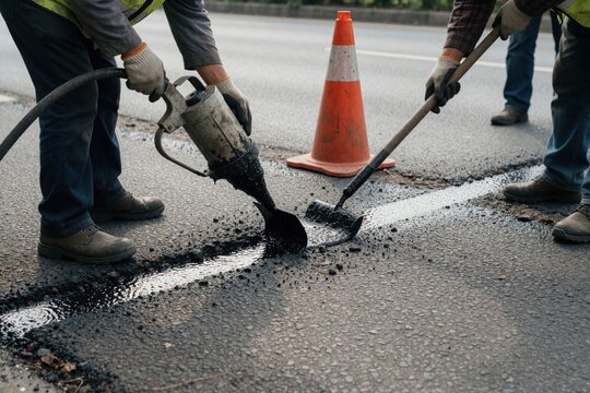 Construction workers repair road cracks with bitumen emulsion, sealant tools. Men fix highway asphalt surface during street maintenance project. Pro roadwork team fills pavement fractures with liquid