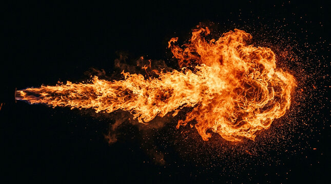 Fire stream erupts with intense bright orange flames and glowing embers against a deep black background.