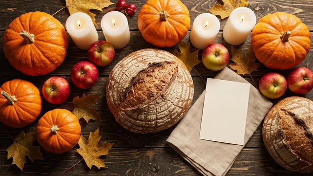 Cozy Autumn Scene with Hands Holding Rustic Sourdough Bread Surrounded by Pumpkins, Apples, and Candles on a Wooden Table