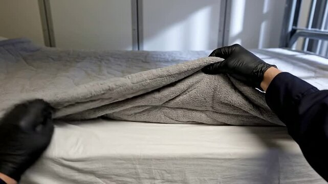 Gloved Hands Adjusting Soft Gray Blanket On Bed Emphasizing Cleanliness And Care In Tidy Environment