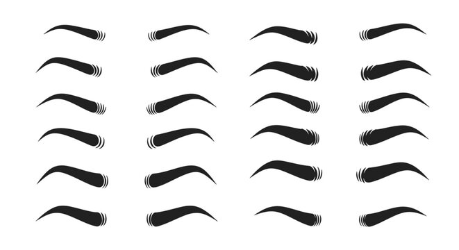 A collection of various black stylized eyebrow shapes and designs, illustrating different arches and thicknesses for graphic design resources.