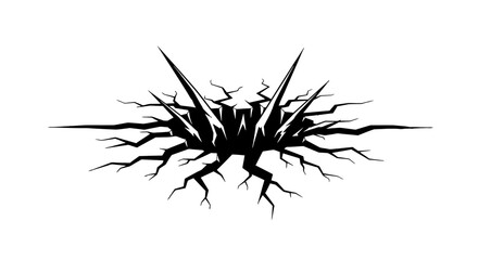 A striking black and white graphic illustration of a jagged crack in the ground with sharp, pointed shards erupting from its center. © Grangger