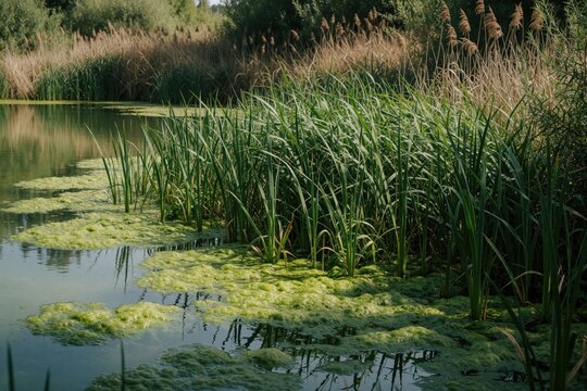 Green marsh grass grows along pond edge with algae bloom. Tall reeds stand near calm water reflecting sky. Nature scene shows wetland habitat in summer sunlight.