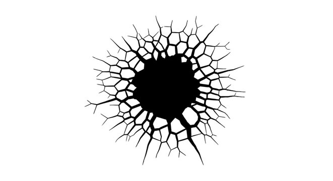A black hole with radiating cracks on a white background, symbolizing destruction or a void.