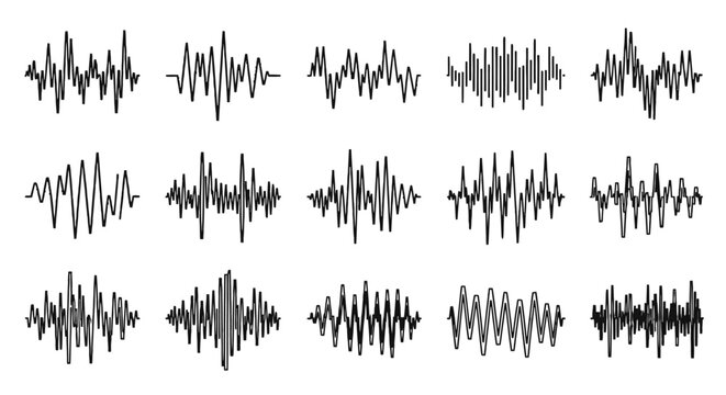 Collection of abstract black wavy lines resembling sound waves or seismic activity on a white background, illustrating various signal patterns.