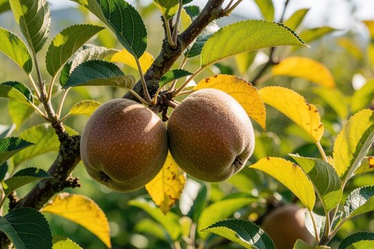 Brown velvet apples hang on tree branch in green garden farm. Two fresh exotic fruits grow outdoor on sunny day among yellow foliage. Healthy organic food ripens in orchard. Rural harvest season