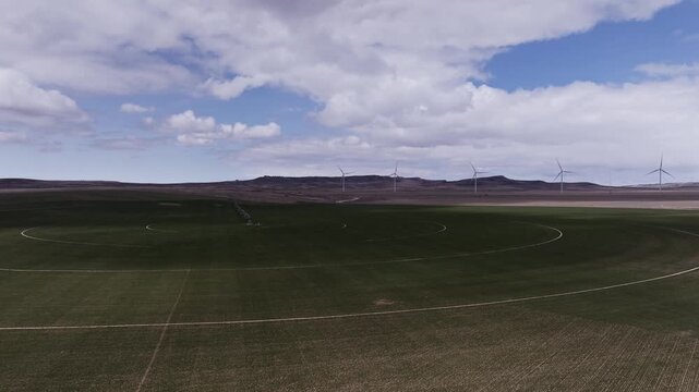 Aerial View of a Wind Farm Amid Farmland on the Rural Plains of Bridger, Montana