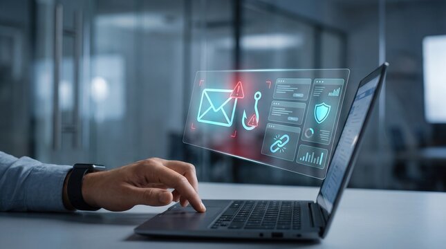 Man working on laptop with holographic interface showing email phishing alert and security details.