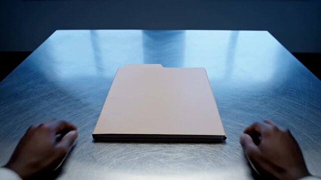 Professional Hands Resting on Empty Folder in a Polished Conference Table Setting Ideal for Business and Corporate Situations