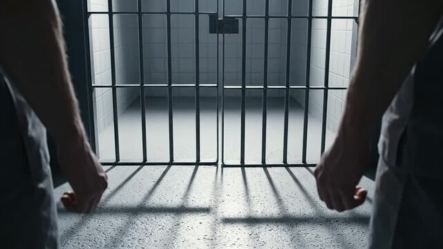Symbolic Representation of Confinement with Hands Gripping Prison Bars Inside a Dimly Lit Jail Cell