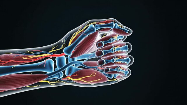 Transparent Hologram Of Hand Anatomy Showing Muscles, Tendons, And Nerves For Medical And Educational Use