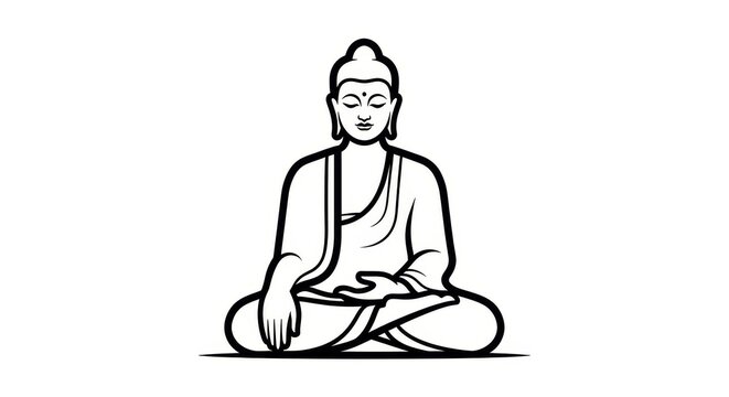 Religion - Minimalist Black and White Line Art Illustration of Buddha Meditating in Lotus Pose