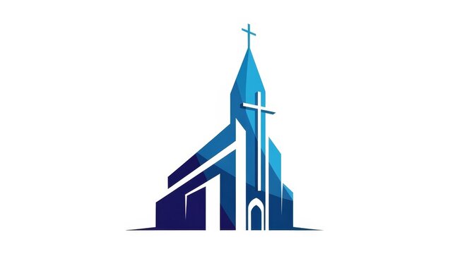 Religion - Modern Christian Church Building Logo with Blue Geometric Steeple Cross Flat Design Icon