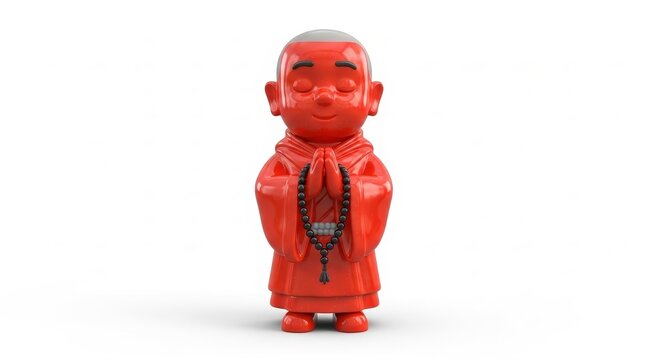 Religion - Red Glossy Buddhist Monk Figurine Toy Praying with Mala Beads on White Background
