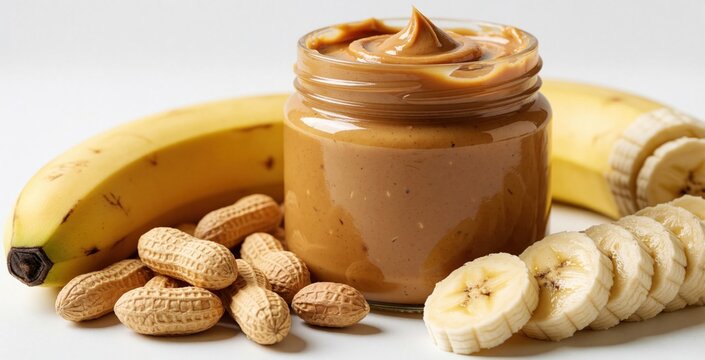 Jar of creamy peanut butter next to whole bananas and sliced bananas with peanuts on white background. Delicious, natural spread and ripe fruit are perfect for healthy snacks.