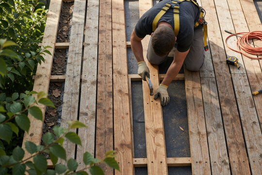 Construction worker kneeling on floor installs wooden planks for new house terrace. Professional carpenter uses metal hammer for deck board repair. Male builder wears safety harness performing home