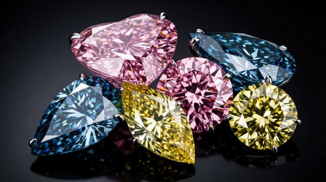 Collection of rare colorful diamonds, pink blue yellow stones, arranged artfully. Each gem shows facets, sparkle, cut. Luxury jewels sit on black background.