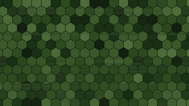 Seamless 4K Vector Animation of Green Hexagon Camouflage Pattern with Geometric Honeycomb Shape and Looping Tactical Digital Texture for Abstract Motion Graphic Background Overlay