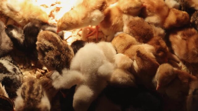 Newborn Baby Chicks Sleeping Together at Poultry Farm Top View
