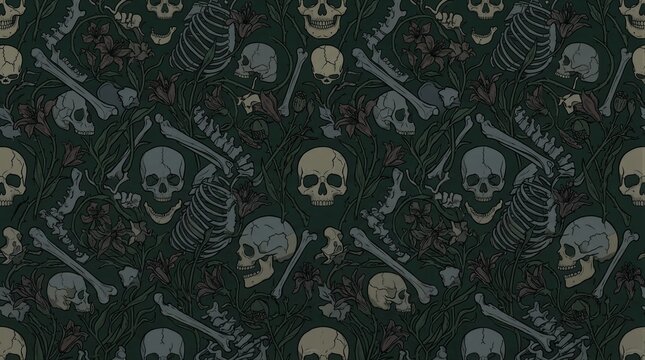 Seamless Halloween Pattern with Skulls and Bones