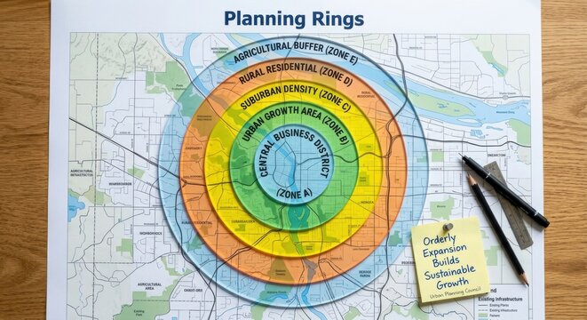 Visualizing City Planning with Concentric Zoning Rings Over a Map