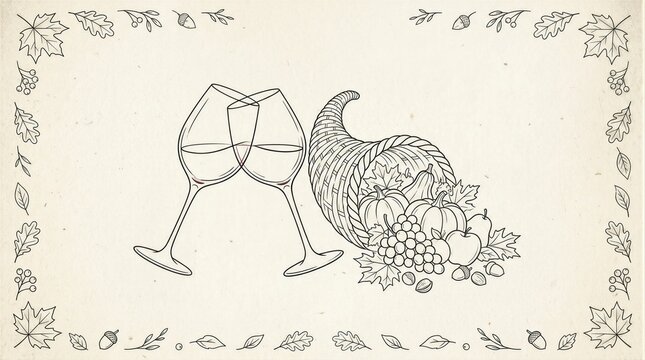 Two wine glasses toasting beside a cornucopia filled with harvest bounty Thanksgiving holiday marketing