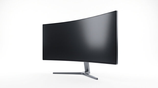 Modern curved widescreen computer monitor isolated against clean minimalist white studio background for professional workspace with screen mounted metallic displays sleek curved