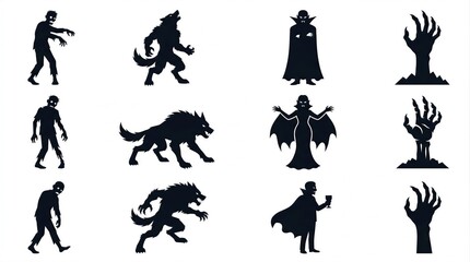 Obraz premium Black silhouette collection of classic horror monsters for halloween graphic design projects