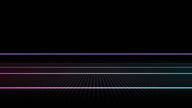 Abstract futuristic retro synthwave visual featuring a digital magenta and teal glowing wireframe landscape with distorted static interference and infinite tunnel motion on dark backdrop.