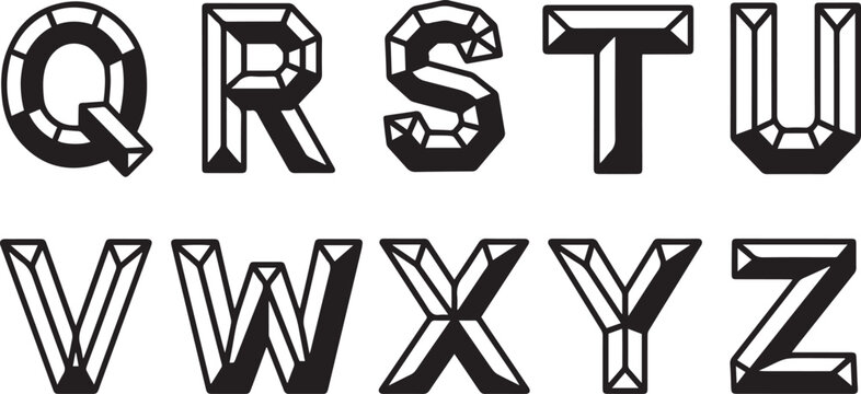 Abstract Polygonal 3D Effect Alphabet Letters Q to Z Black Vector Typeface