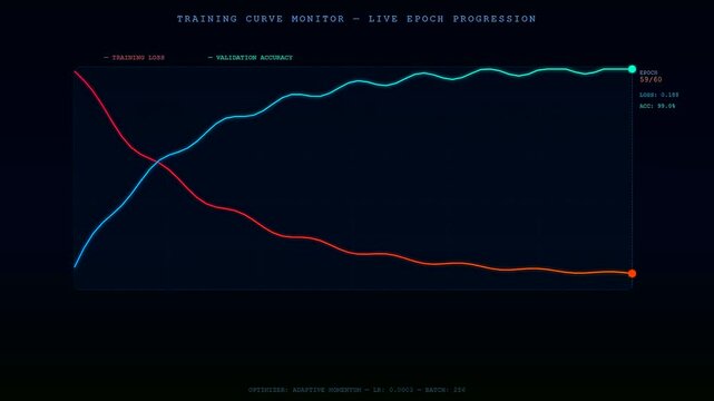 A clean neural network diagram animates a live machine learning process showing training loss decreasing while validation accuracy rises over sixty epochs.