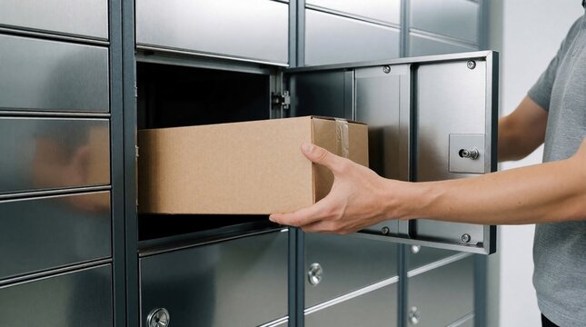 Person puts brown cardboard parcel into modern metal delivery locker. Male hand inserts box inside automated urban storage unit system. Secure retail box pickup service happens at secure location.