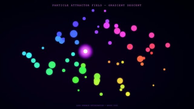 In this visualization, a colorful neural network diagram shows glowing data particles flowing dynamically toward a central light during deep learning optimization.