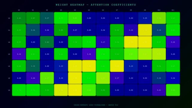 Dynamic values shift across a colorful neural network diagram as artificial intelligence algorithms process complex data matrices during a simulated machine learning training sequence.