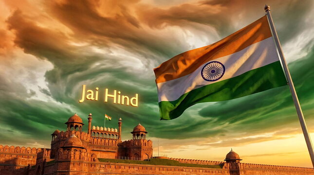 Indian flag over Red Fort with Jai Hind text