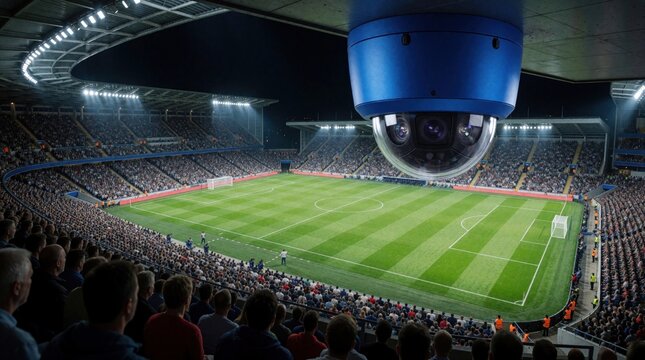 Electric blue security camera hangs from ceiling in large sports stadium at night. Modern surveillance device monitors crowd of spectators during football match tournament. Digital tech system