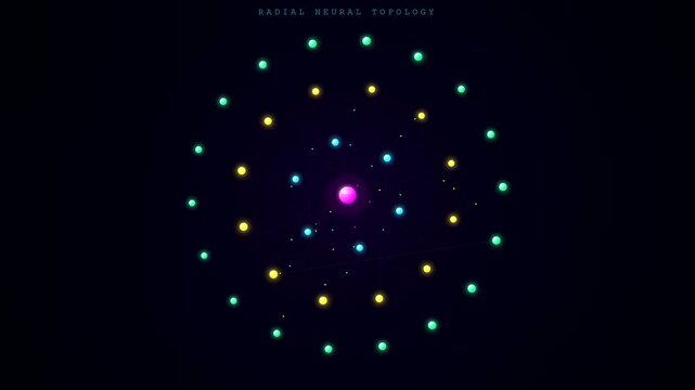 A dynamic neural network diagram continuously rotates as glowing colorful nodes pulse and flash along complex artificial intelligence data pathways in slow motion.