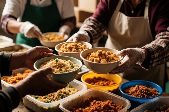 Volunteers serve warm food to homeless people at soup kitchen. Workers provide meal in bowls to needy person. Charity organization staff help poor community during crisis. Social service group gives