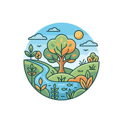 Fototapeta premium Serene Landscape with Tree and River Scene.