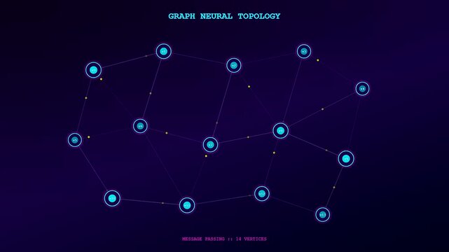 Light signals travel dynamically across a complex Neural Network Diagram showing message passing and data processing on a dark blue futuristic background.