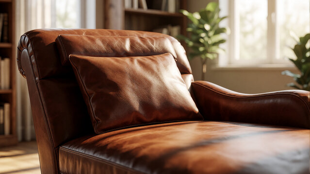 Comfortable therapy couch leather pillow rests in a sunlit home study surrounded by bookshelves in warm afternoon light for psychological therapy concept