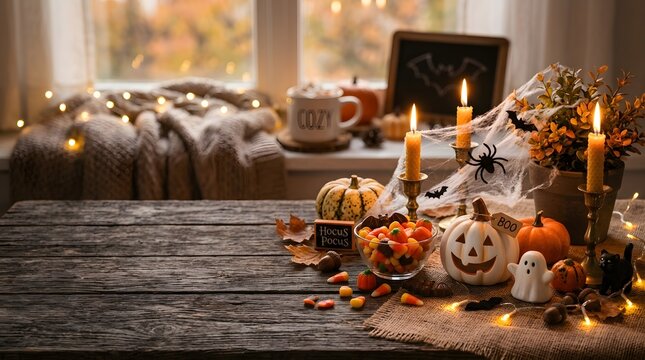 Cute Halloween decorations with pumpkins, candy, spider webs and candles on a rustic table, cozy autumn atmosphere, commercial holiday photography, copy space