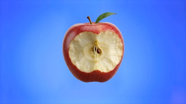 Realistic 3D model of a fresh red apple with a large bite taken out, showing the core and seeds, isolated on a bright blue background. Excellent for health and nutrition graphics, weight loss promos, 