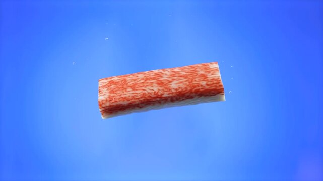 Vibrant 3D render of a delicious red crab stick (surimi), isolated on a smooth light blue gradient background with subtle particles. Perfect for cooking videos, food packaging graphics, seafood recipe